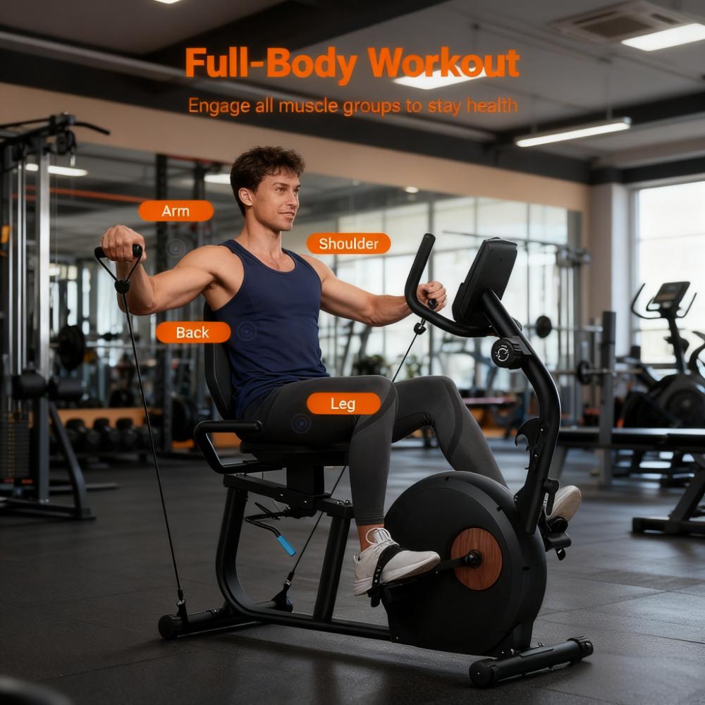 Recumbent Exercise Bike with Full-Body Workout and Smart Features Description:
