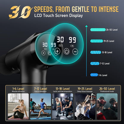 Handheld electric massager with 9 attachments & 30 speed settings for pain relief and muscle recovery. (Black)