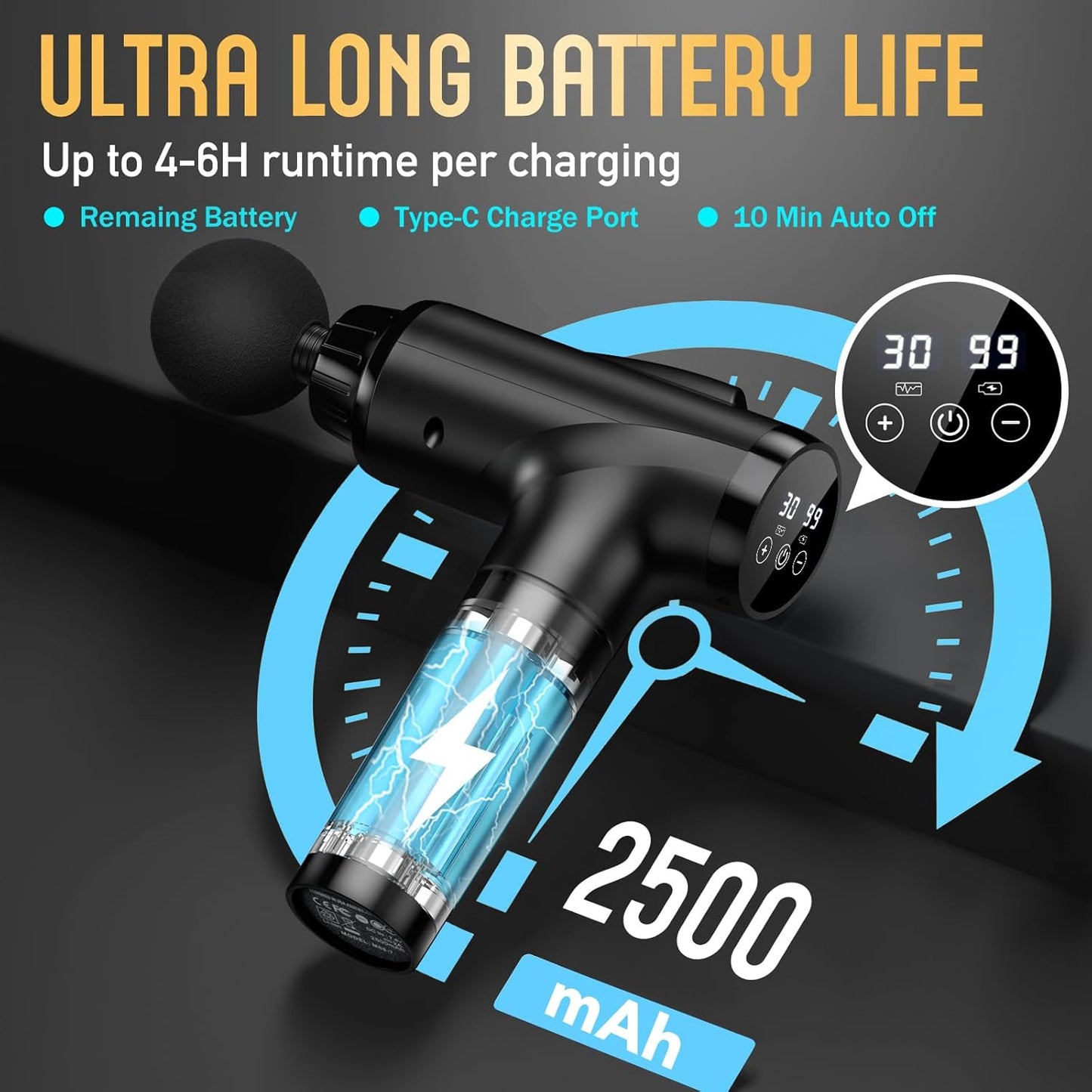 Handheld electric massager with 9 attachments & 30 speed settings for pain relief and muscle recovery. (Black)