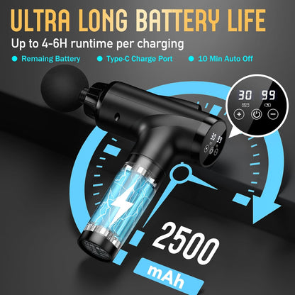 Handheld electric massager with 9 attachments & 30 speed settings for pain relief and muscle recovery. (Black)