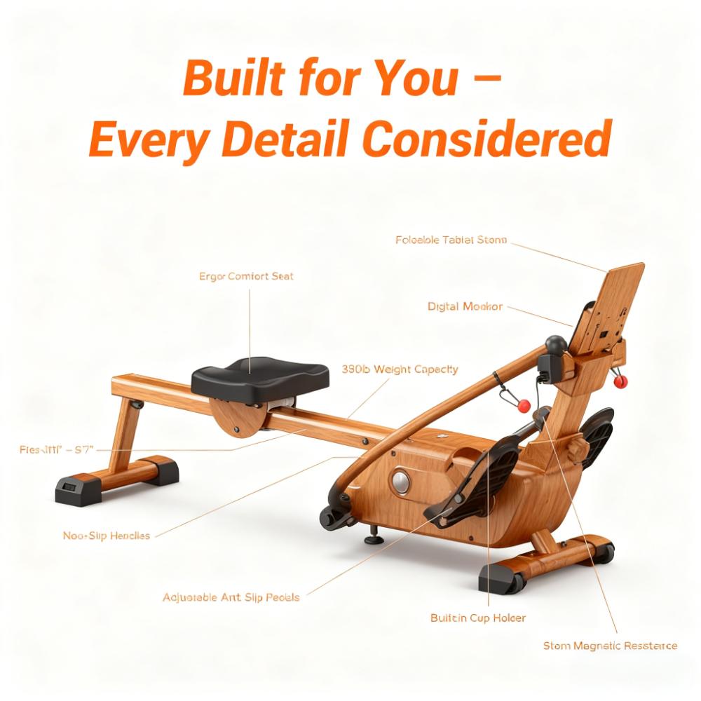 Versatile Wooden Rowing Machine with Smart Features and Space-Saving Design