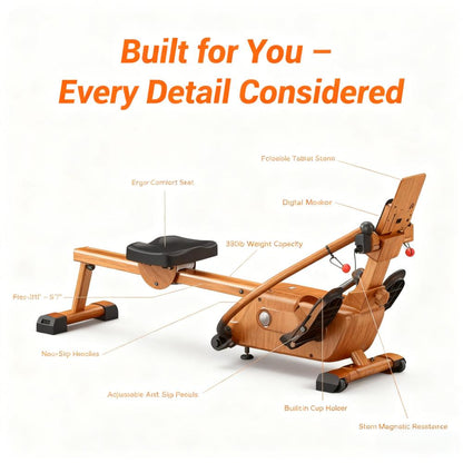 Versatile Wooden Rowing Machine with Smart Features and Space-Saving Design