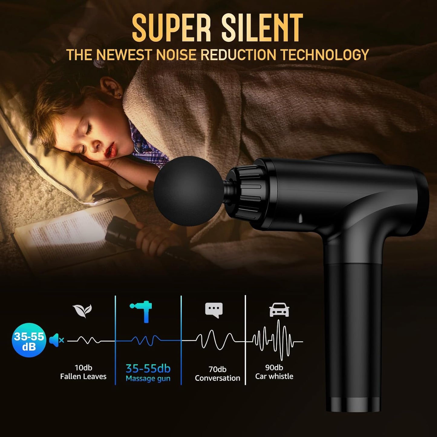 Handheld electric massager with 9 attachments & 30 speed settings for pain relief and muscle recovery. (Black)