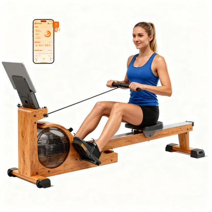 Versatile Wooden Rowing Machine with Smart Features and Space-Saving Design