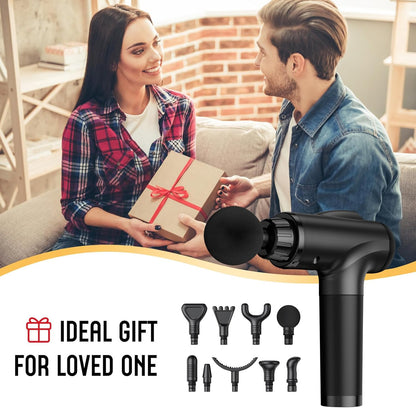 Handheld electric massager with 9 attachments & 30 speed settings for pain relief and muscle recovery. (Black)