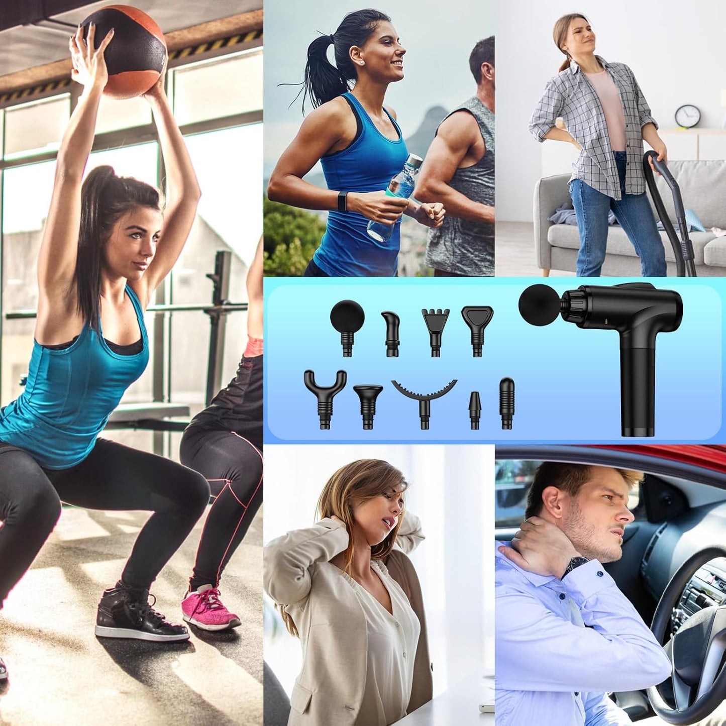 Handheld electric massager with 9 attachments & 30 speed settings for pain relief and muscle recovery. (Black)