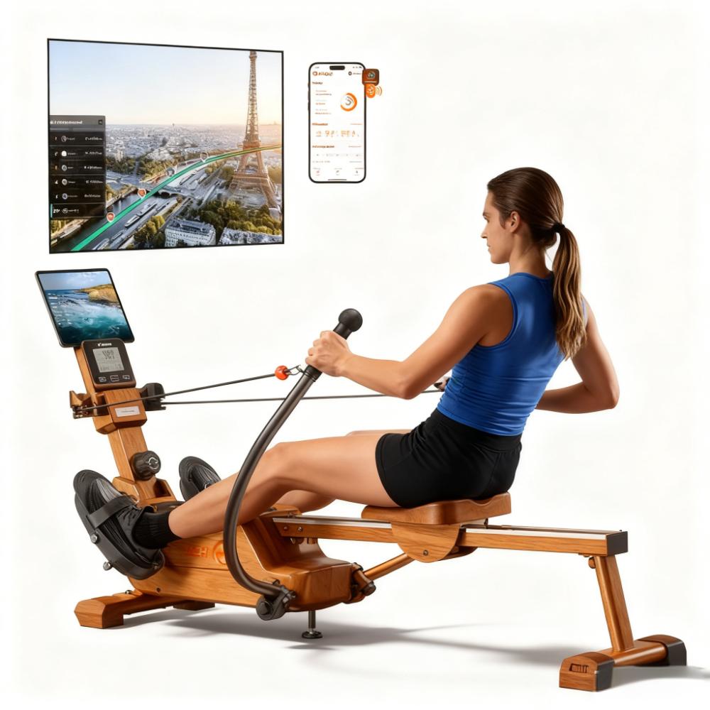 Versatile Wooden Rowing Machine with Smart Features and Space-Saving Design