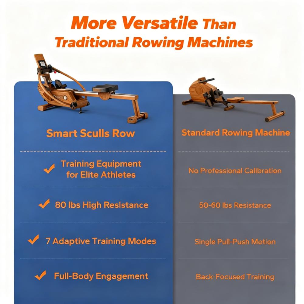 Versatile Wooden Rowing Machine with Smart Features and Space-Saving Design