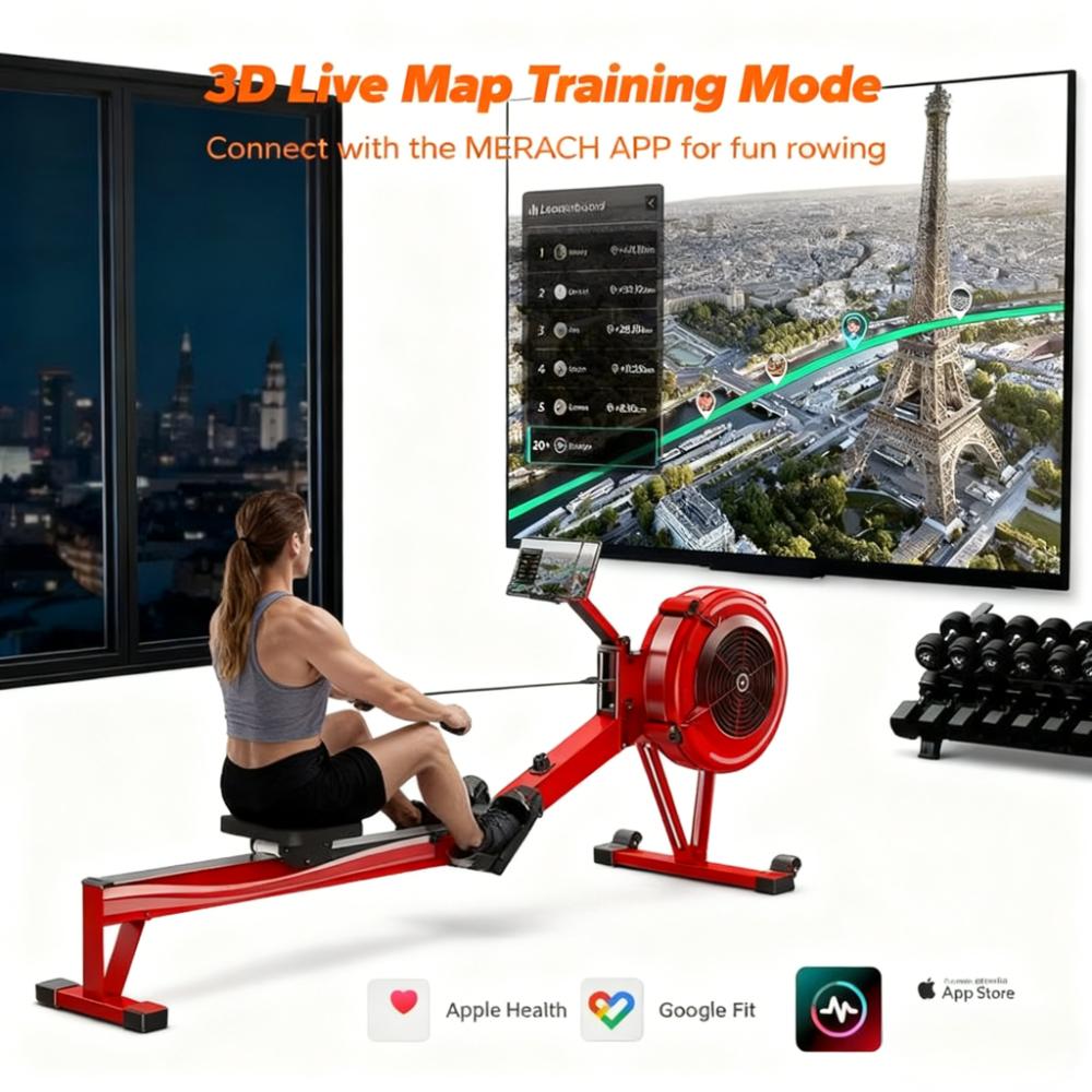 Air Resistance Rowing Machine with Long Rail and Smart Feature